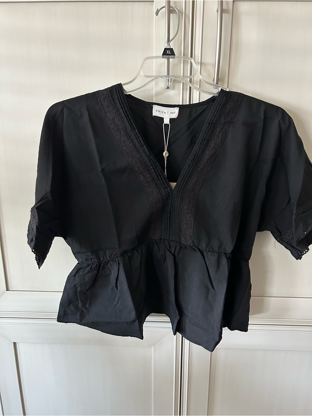 entro Black V-Neck Peplum Blouse with Lace Trim